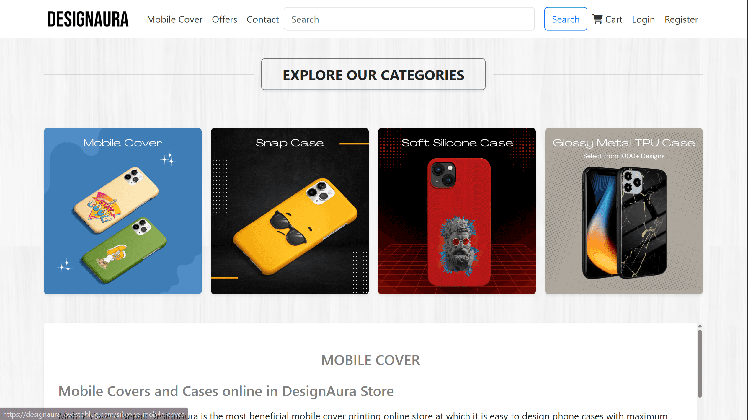 DesignAura e-commerce website for browsing and ordering custom mobile covers