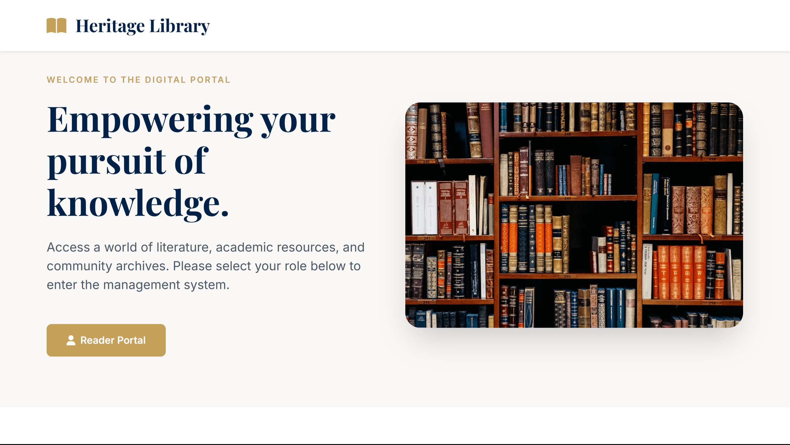 Heritage Library Management System admin dashboard for managing books, authors, and genres
